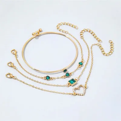 Golden Green Heart Crystal Chain Fashion Bracelet (4 pcs)